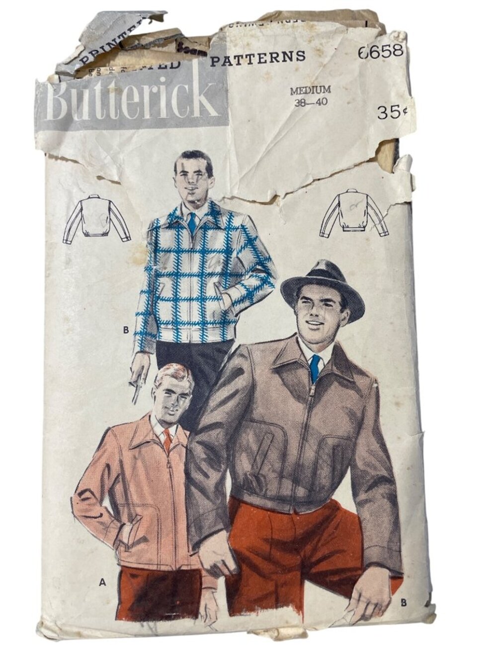 Vintage 50s Butterick 6658 Sewing Pattern Medium 38-40 Mens Zip Jacket Retro CUT